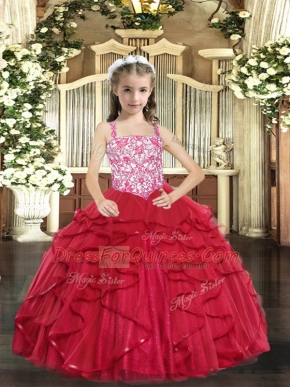 Coral Red Ball Gowns Straps Sleeveless Tulle Floor Length Lace Up Beading and Ruffles Pageant Dress for Womens