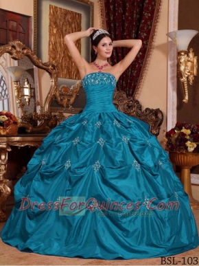 Classical Teal Ball Gown Strapless With Taffeta Appliques For Quinceanera Dress