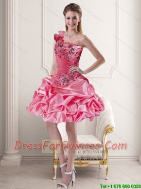 Beautiful One Shoulder Rose Pink 2015 Junior Dresses with Pick Ups and Ruffles
