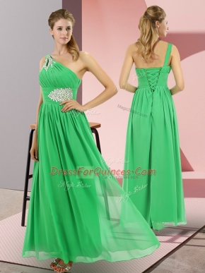 Empire Prom Dress Green One Shoulder Chiffon Sleeveless Floor Length Lace Up
