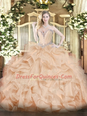 Peach Ball Gowns Sweetheart Sleeveless Organza Floor Length Lace Up Beading and Ruffles Sweet 16 Quinceanera Dress