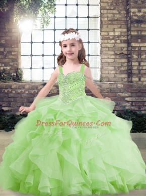 Yellow Green Lace Up Straps Beading and Ruffles Kids Formal Wear Tulle Sleeveless