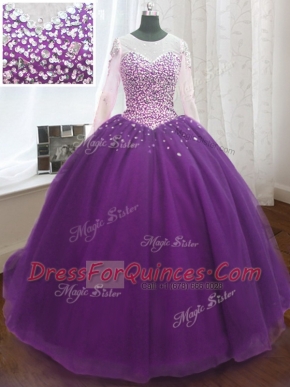 Unique Scoop Long Sleeves Organza Vestidos de Quinceanera Beading and Sequins Sweep Train Lace Up