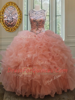 New Arrival See Through Peach Ball Gowns Scoop Sleeveless Organza Floor Length Lace Up Beading and Ruffles Ball Gown Prom Dress