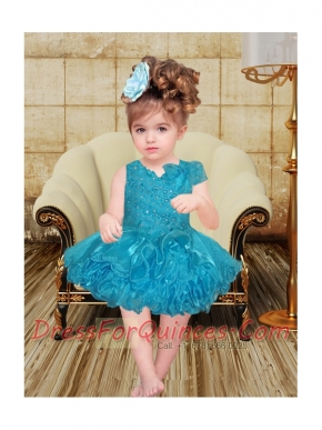 Modest V-neck Short Beading and Appliques Organza Little Girl Dress