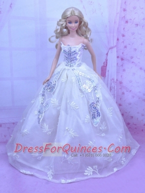 Elegant White Gown With Embroidery and Sequins Made to Fit the Barbie Doll