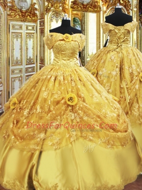 Fancy Strapless Sleeveless Quince Ball Gowns Floor Length Beading and Appliques and Hand Made Flower Gold Tulle