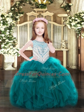 Teal Sleeveless Organza Zipper Glitz Pageant Dress for Party and Quinceanera