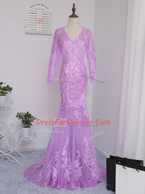 Edgy Lilac Long Sleeves Lace and Appliques Side Zipper Prom Gown