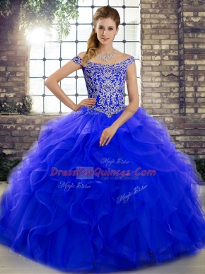 Royal Blue Lace Up Sweet 16 Quinceanera Dress Beading and Ruffles Sleeveless Brush Train