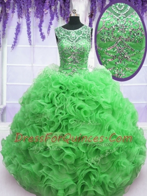 Chic Scoop Sleeveless Floor Length Beading and Ruffles Lace Up Quinceanera Dresses with Green