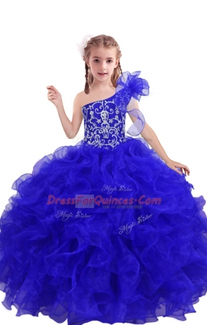 Sleeveless Lace Up Floor Length Beading and Ruffles Child Pageant Dress