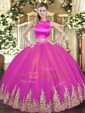 Fuchsia Sleeveless Tulle Criss Cross Quince Ball Gowns for Military Ball and Sweet 16 and Quinceanera