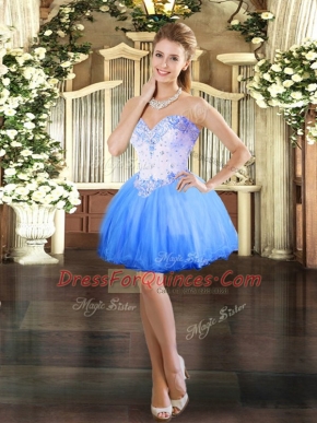 Suitable Blue Lace Up Sweetheart Beading Prom Evening Gown Tulle Sleeveless