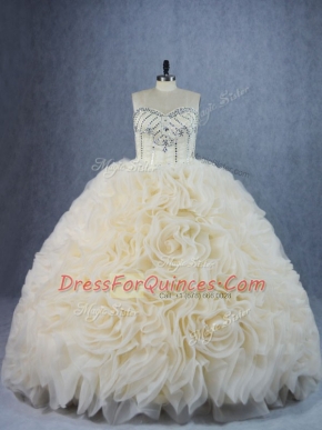 Champagne Fabric With Rolling Flowers Lace Up Sweetheart Sleeveless Quinceanera Dresses Brush Train Beading and Ruffles