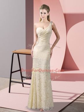 Champagne Lace Criss Cross One Shoulder Sleeveless Floor Length Evening Dress Beading and Lace