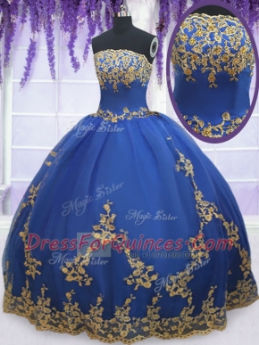 Floor Length Blue Ball Gown Prom Dress Organza Sleeveless Appliques