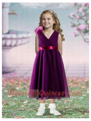 Sashes and Hand Made Flowers V-neck Tea-length Empire Flower Girl Dress in Dark Purple
