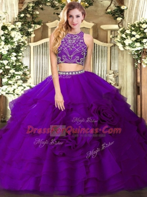 Smart Eggplant Purple Tulle Zipper Quinceanera Dress Sleeveless Floor Length Beading and Ruffled Layers