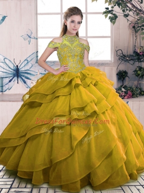 Affordable Brown High-neck Lace Up Beading and Ruffled Layers Sweet 16 Dresses Sleeveless