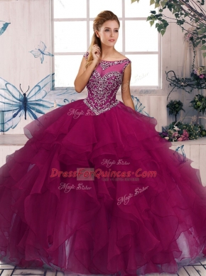 Fuchsia Ball Gowns Organza Scoop Sleeveless Beading and Ruffles Floor Length Zipper Quinceanera Dress