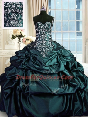 Pick Ups Ball Gowns Quinceanera Dresses Dark Green Taffeta Sleeveless Floor Length Zipper