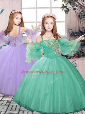 Customized Turquoise Straps Lace Up Beading and Appliques Little Girls Pageant Dress Sleeveless