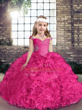 Floor Length Fuchsia Little Girls Pageant Dress Wholesale Straps Sleeveless Lace Up