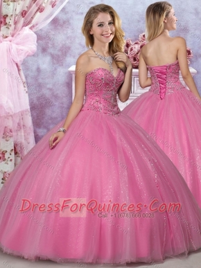 Most Popular Really Puffy Tulle Rose Pink Sweet 16 Dress with Beading