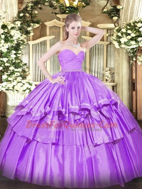 Floor Length Lilac Quince Ball Gowns Organza Sleeveless Beading and Lace and Ruffled Layers