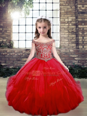 Red Off The Shoulder Lace Up Beading Girls Pageant Dresses Sleeveless