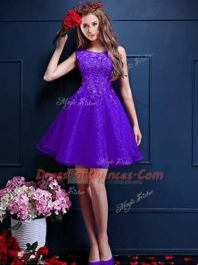 Sophisticated Bateau Sleeveless Dama Dress for Quinceanera Knee Length Beading and Lace Purple Tulle