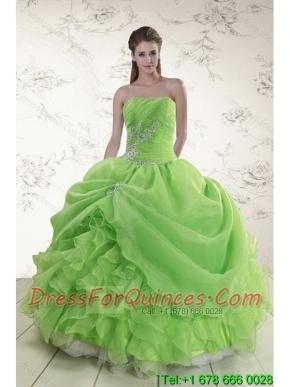 Classical Spring Green Strapless Sweet 15 Dresses with Ruffles and Beading