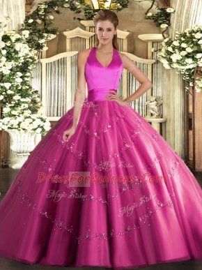 Floor Length Hot Pink Sweet 16 Dress Tulle Sleeveless Appliques