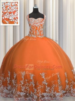Orange Red Ball Gowns Straps Sleeveless Tulle Floor Length Lace Up Beading and Appliques Ball Gown Prom Dress