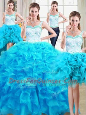 Flare Four Piece Straps Beading and Ruffles Sweet 16 Quinceanera Dress Baby Blue Lace Up Sleeveless Floor Length