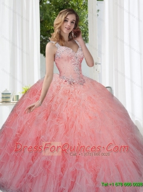 Elegant Watermelon Sweet 15 Dresses with Beading and Ruffles