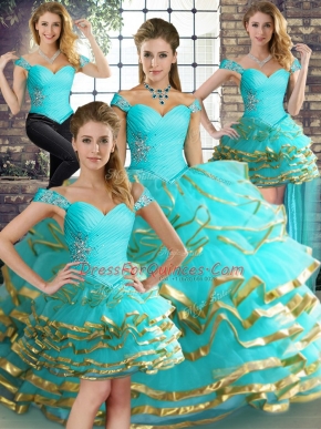 Flirting Aqua Blue Sweet 16 Dresses Military Ball and Sweet 16 and Quinceanera with Beading and Ruffled Layers Off The Shoulder Sleeveless Lace Up