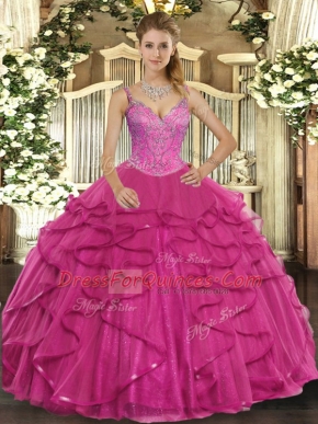 Affordable Hot Pink Ball Gowns V-neck Sleeveless Tulle Floor Length Lace Up Beading and Ruffles Quinceanera Dress
