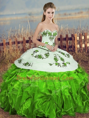 Superior Green Sweetheart Lace Up Embroidery and Ruffles and Bowknot Quinceanera Gowns Sleeveless