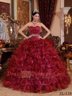 Wine Red Discount Ball Gown With Sweetheart And Organza Beading Quinceanera Dress