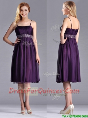 Modest Spaghetti Straps Beaded Chiffon Short Prom Dress in Purple