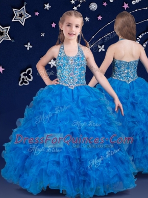 Latest Halter Top Organza Sleeveless Floor Length Little Girls Pageant Dress and Beading and Ruffles