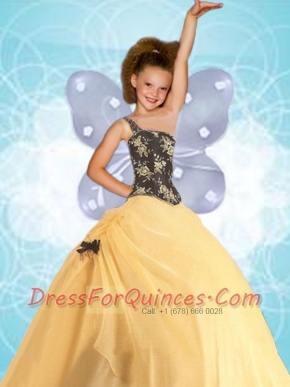 Newest One Shoulder Yellow Little Girl Pageant Dress with Appliques