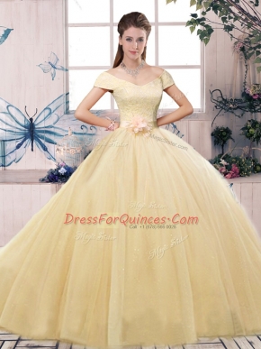 Designer Champagne Tulle Lace Up Off The Shoulder Short Sleeves Floor Length Quince Ball Gowns Lace and Hand Made Flower