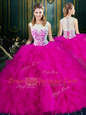 Traditional Scoop Sleeveless Lace and Ruffles Zipper Sweet 16 Dress