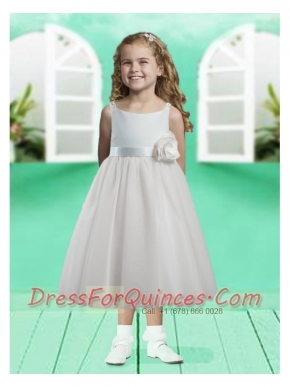 Hand Made Flowers Scoop Tea-length Satin Flower Girl Dress for 2014