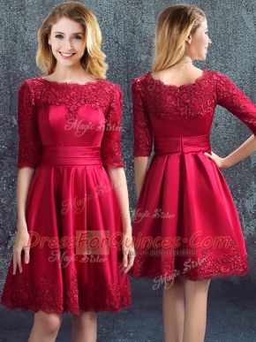 Wine Red Zipper Dama Dress Lace Half Sleeves Mini Length
