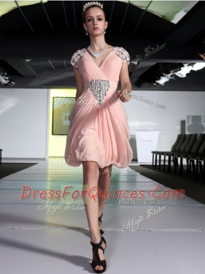 Knee Length Zipper Prom Gown Peach for Prom and Party with Beading