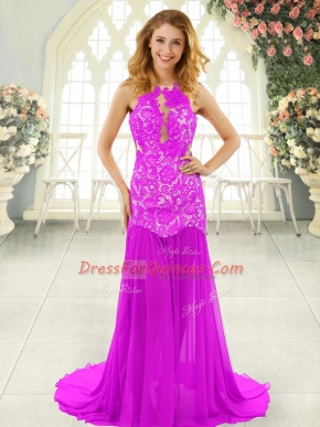 Perfect Pink Prom Dress Prom and Party with Lace Scoop Sleeveless Brush Train Backless
